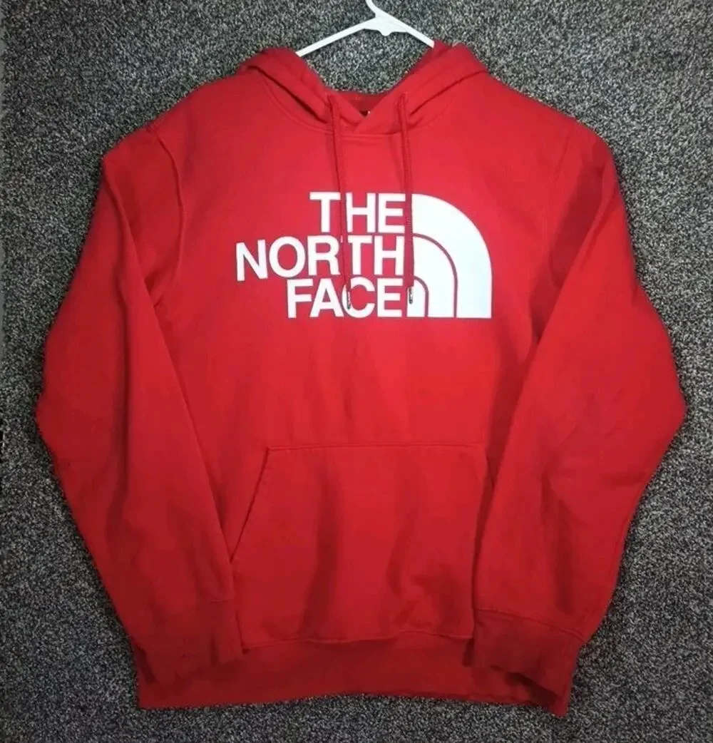 The North Face Red White Big Logo Hoodie Mens Medium Pullover Drawstring Cotton